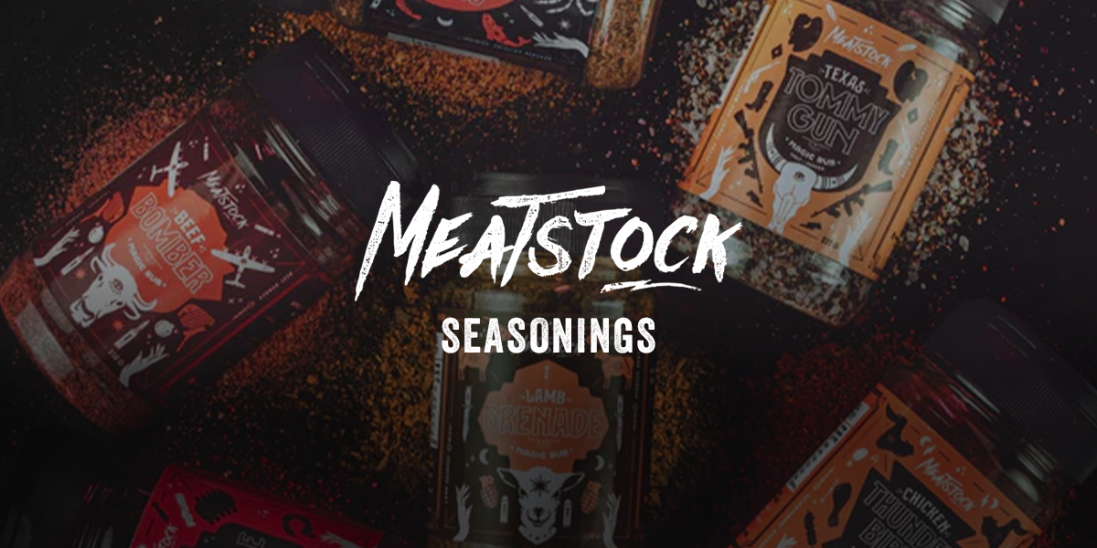 Meatstock BBQ rubs including beef, pork, lamb and chicken seasonings displayed on spices